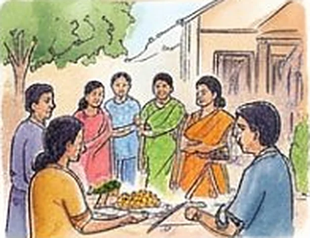 Watercolor of neighbors chatting around a table in an inner courtyard