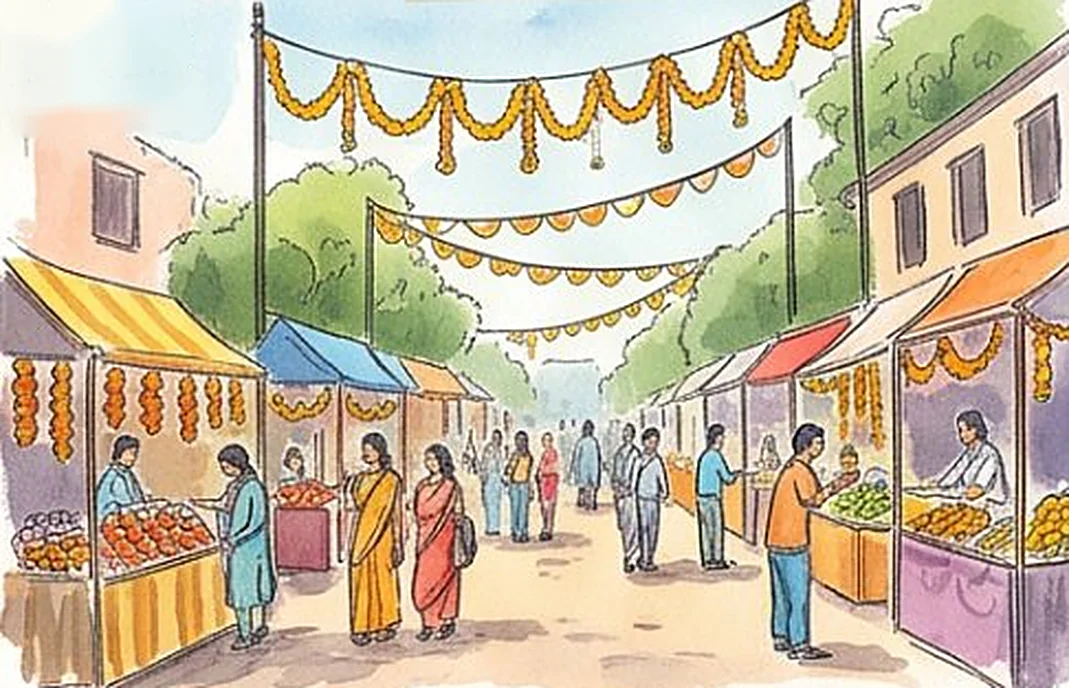 Watercolor of a festival street with marigold garlands, painted stalls and neighbors strolling