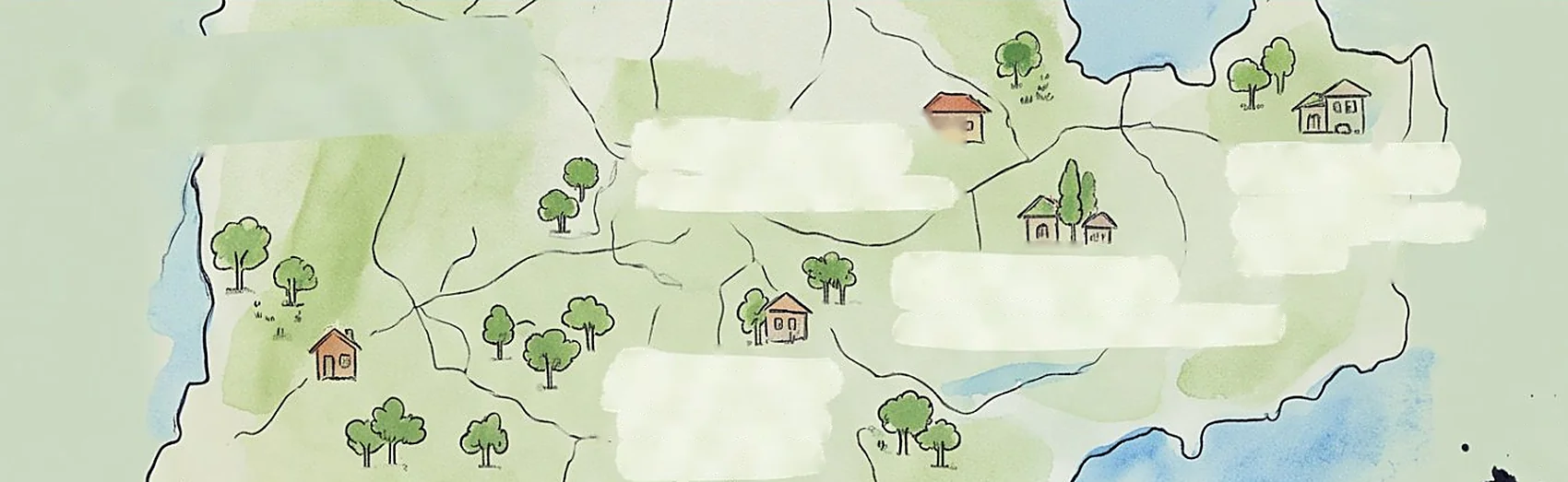 Hand-drawn watercolor map of Bengaluru neighborhoods with streets, trees, lakes and small houses
